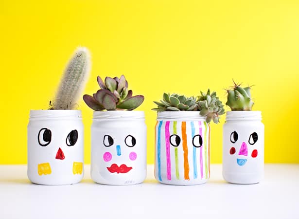 Kid Made Funny Faces Painted Plant Jars,Simple Living Room Color Design