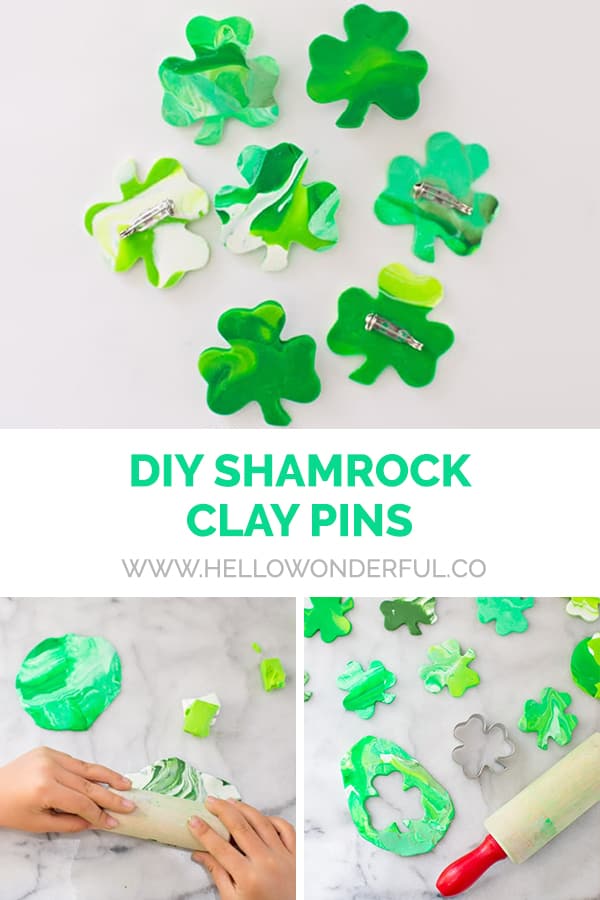 DIY Shamrock Clay Pins kids can make for St. Patrick's Day