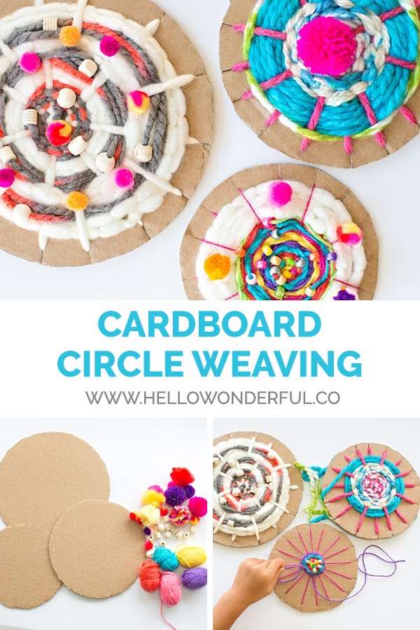 Easy kid-made woven art from cardboard circles and yarn.