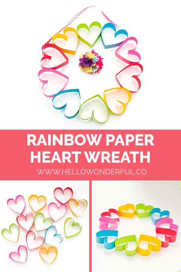 Make an easy DIY rainbow paper heart wreath craft for Valentine's Day! 