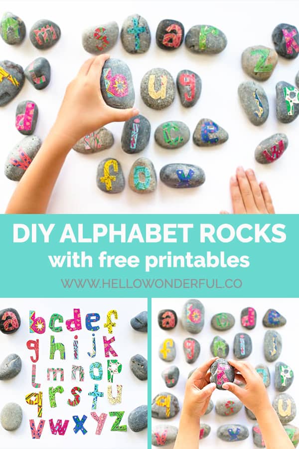 This fun nature craft uses rocks and our free printable to help kids learn the alphabet! 