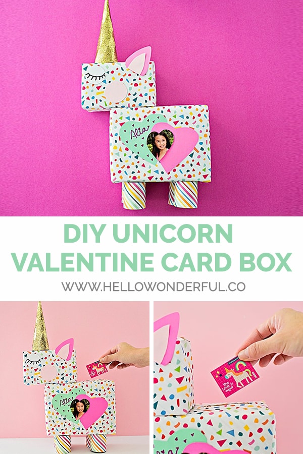 Make a DIY unicorn valentine card box customized with a photo and art! 