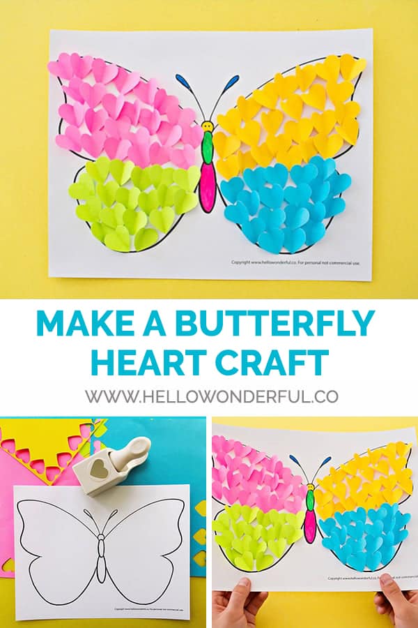 Make a cute summer butterfly craft from cut-out hearts! 