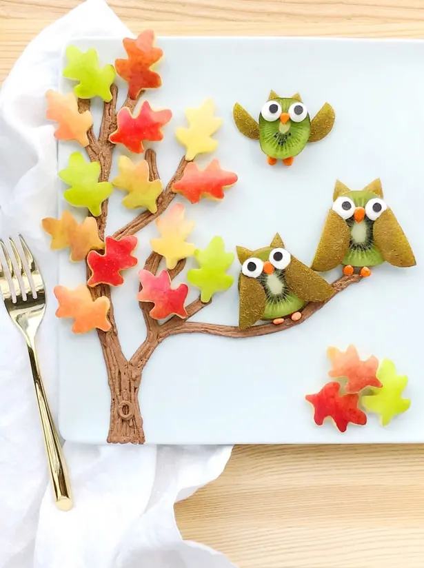 This owl fall fruit art is an adorably delicious healthy snack for kids!