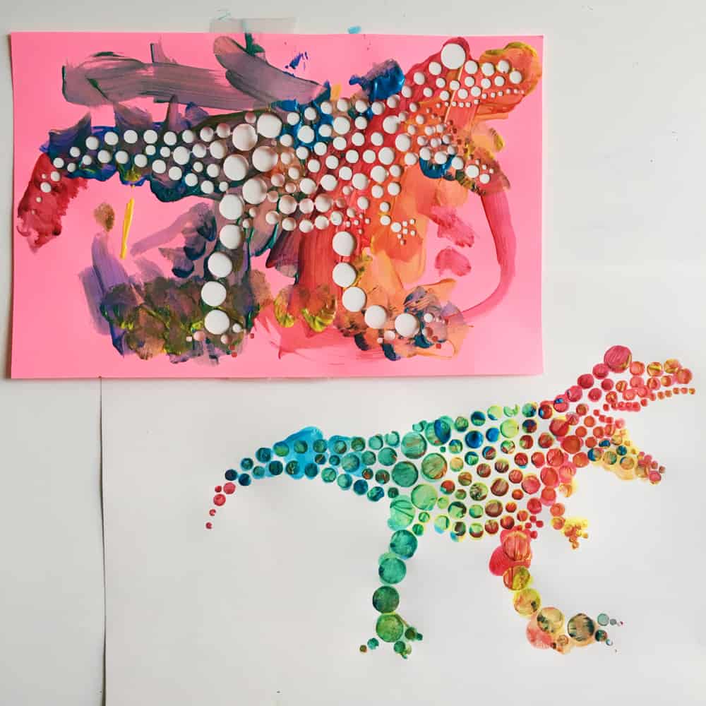 Create fun dinosaur pointillism art with a free template!