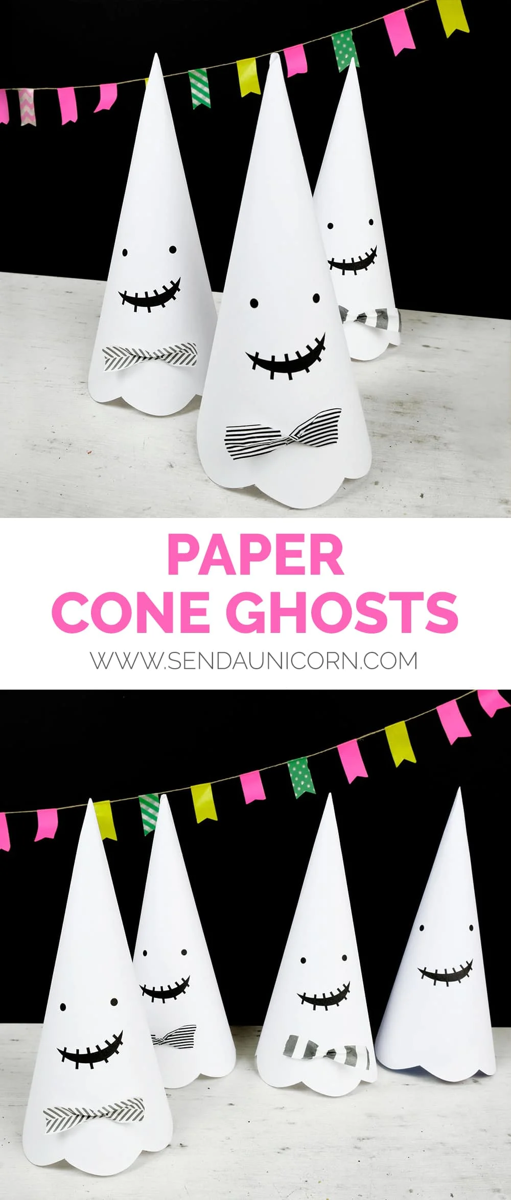 Cute Halloween paper cone ghosts (free template included).