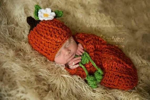 crocheted baby pumpkin hat and sack