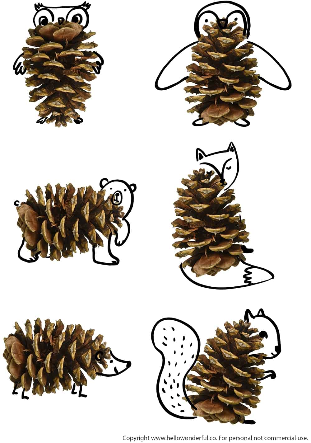 PINE CONE ANIMAL ART hello, Wonderful