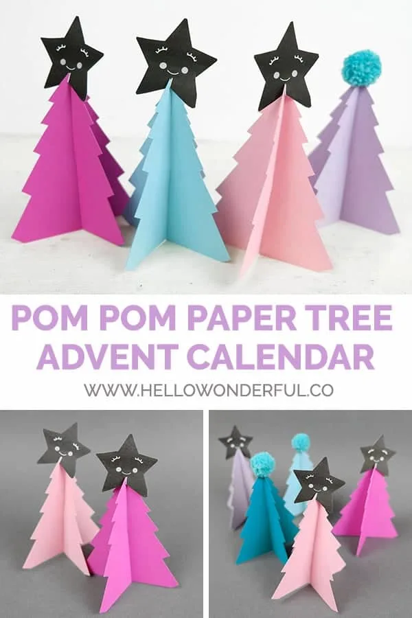 Create your own holiday countdown and use colorful pom poms to decorate these bright trees paper trees (free template included). 