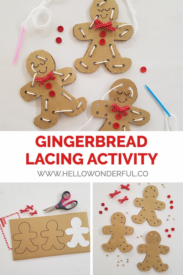 A simple gingerbread lacing activity for holiday-themed fine motor skill practice. 