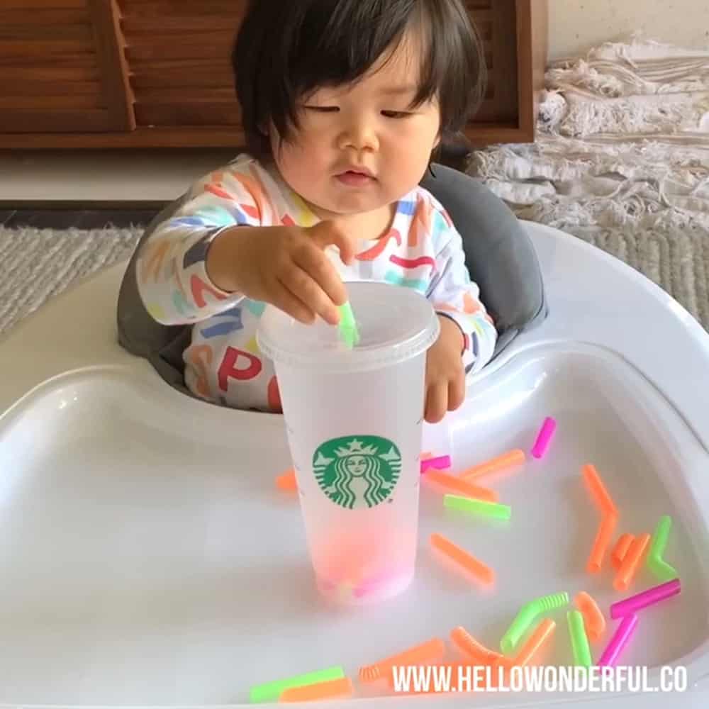 Cup and Straw Fine Motor Skills Activity For Babies And Toddlers