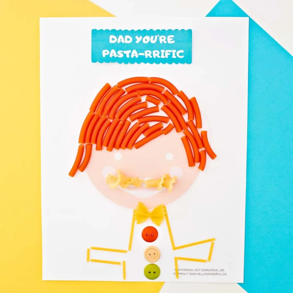 Father's Day Pasta Portrait Art With Printable Template. Crafty Handmade Father's Day Card or Gift From Kids. 