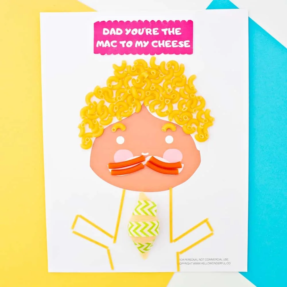 Father's Day Pasta Portrait Art With Printable Template. Crafty Handmade Father's Day Card or Gift From Kids. 