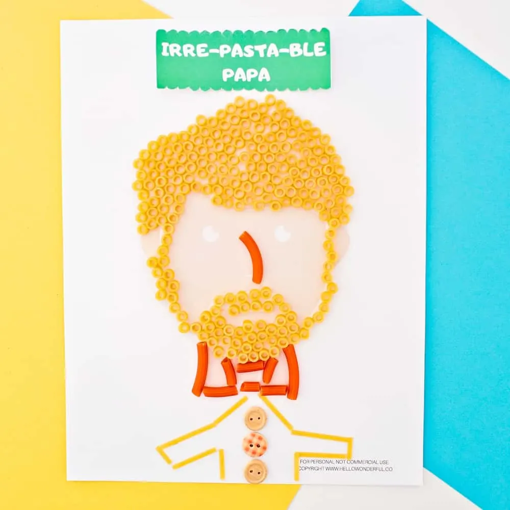 Father's Day Pasta Portrait Art With Printable Template. Crafty Handmade Father's Day Card or Gift From Kids. 