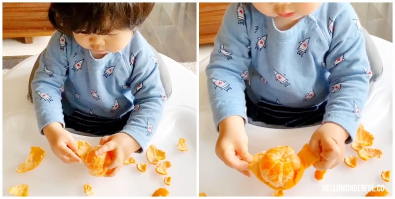 peeling oranges fine motor skills activity for babies or toddlers