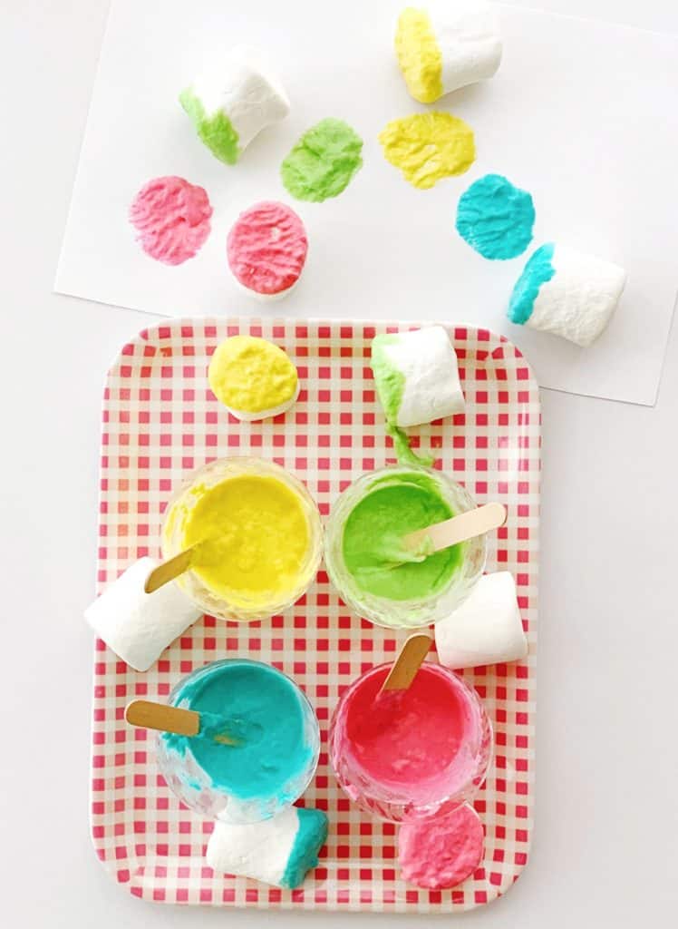 Set up this easy marshmallow stamping with taste safe edible paint. A fun baby or toddler painting activity.