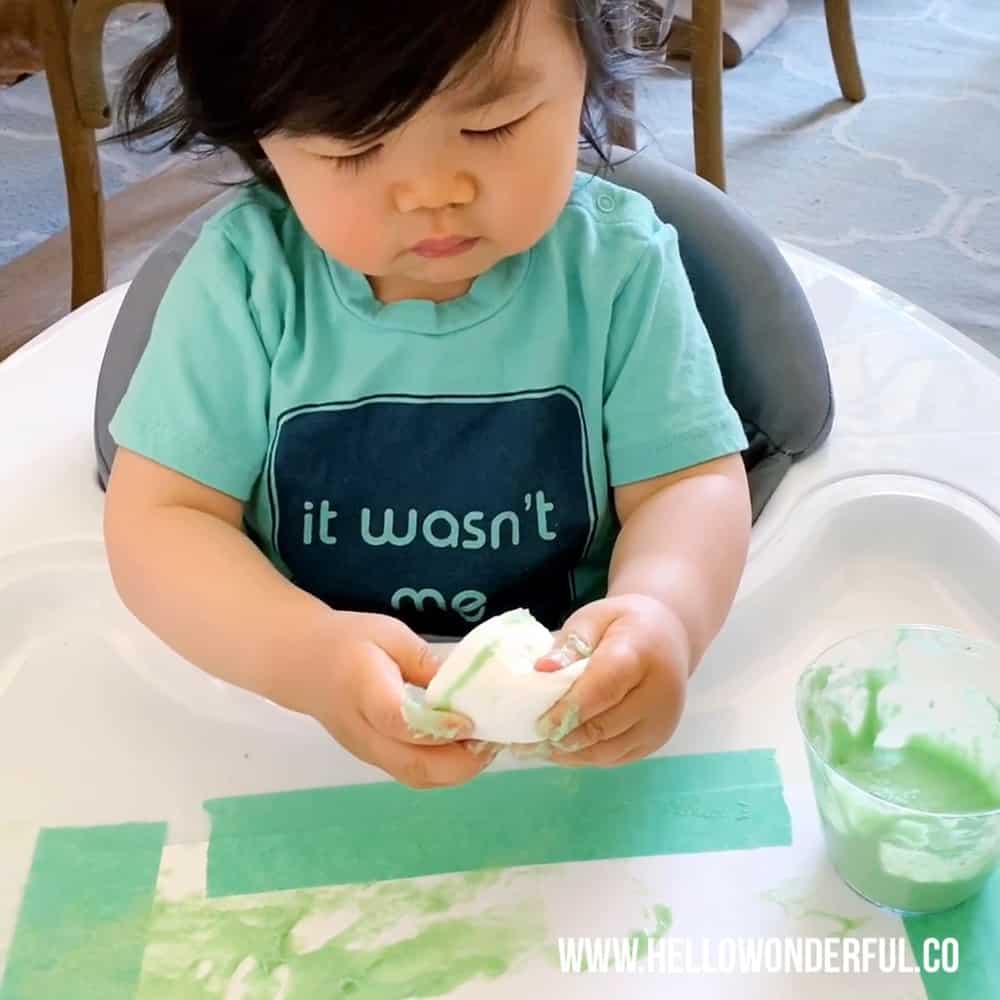 Set up this easy marshmallow stamping with taste safe edible paint. A fun baby or toddler painting activity.