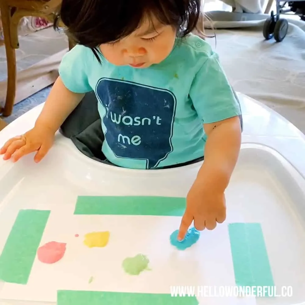 Set up this easy marshmallow stamping with taste safe edible paint. A fun baby or toddler painting activity.