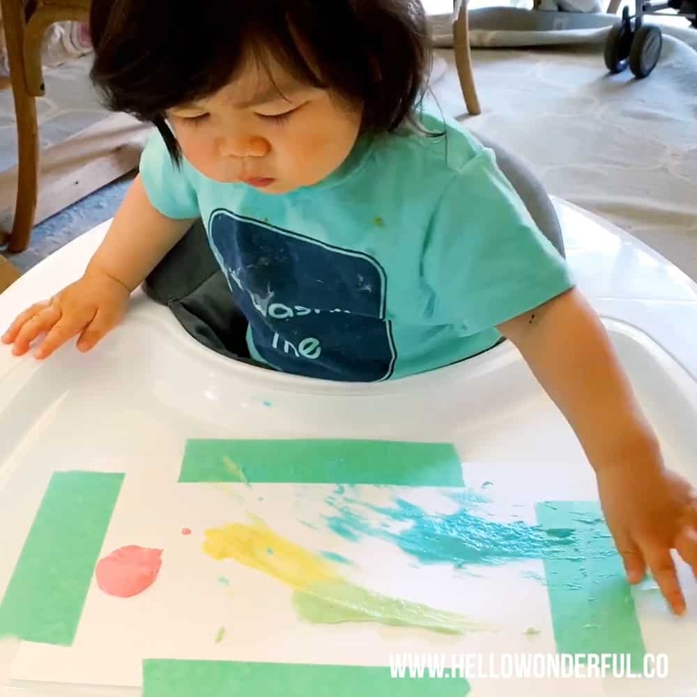 Set up this easy marshmallow stamping with taste safe edible paint. A fun baby or toddler painting activity.