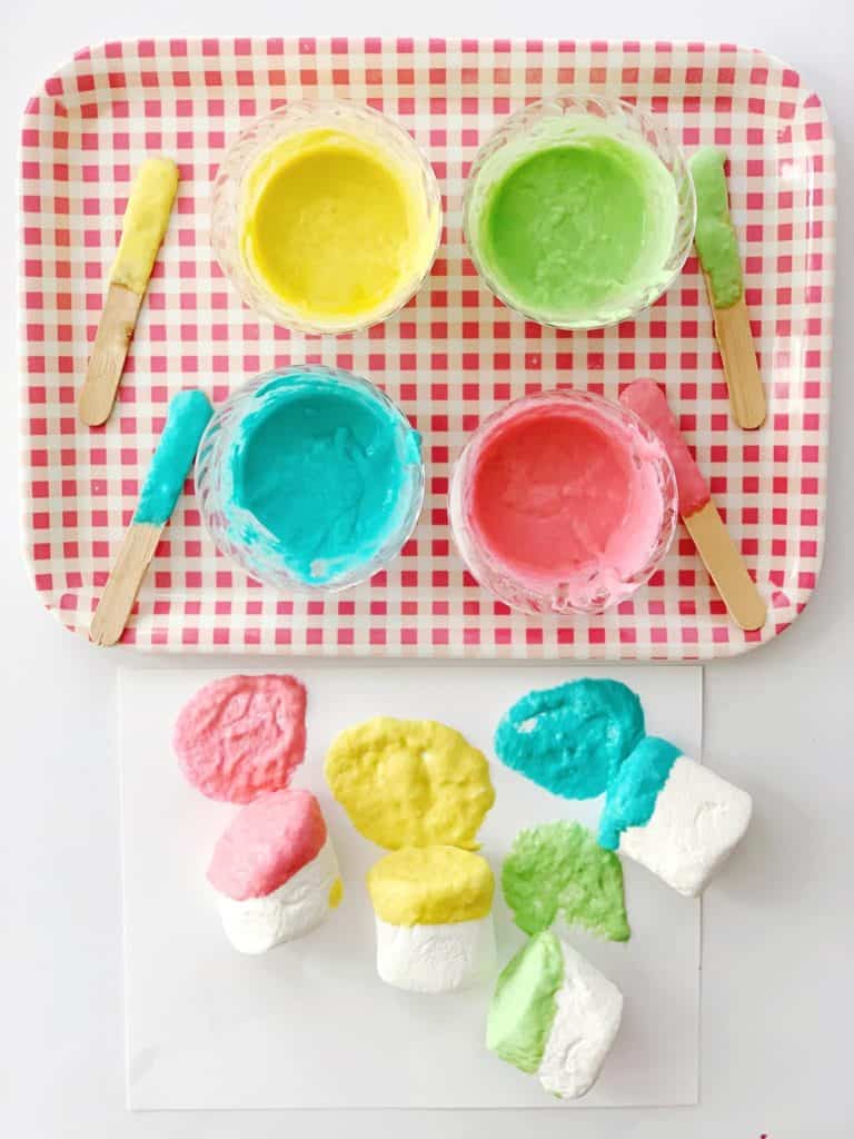 Set up this easy marshmallow stamping with taste safe edible paint. A fun baby or toddler painting activity.