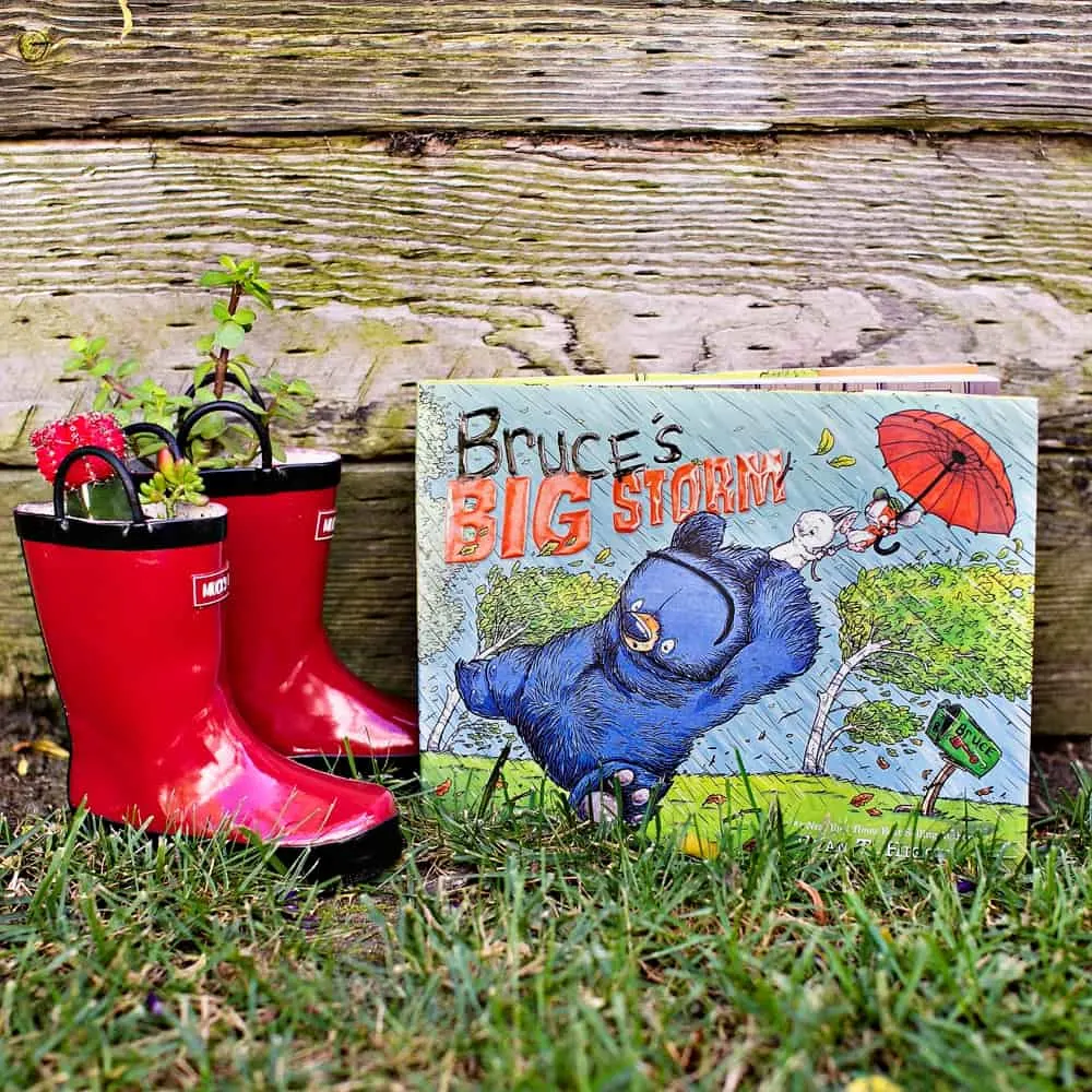 diy rain boot planters - planting with kids inspired by Bruce's Big Storm Book 