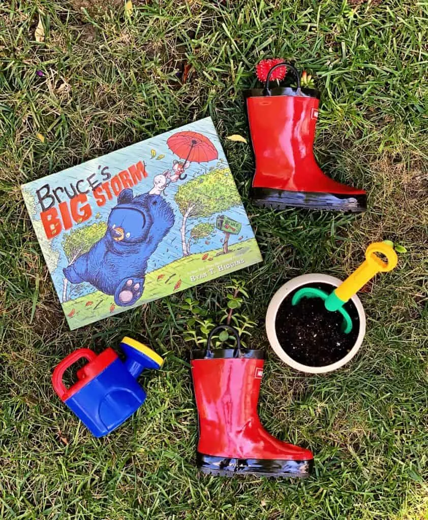 DIY Rain Boot Planters inspired by Bruce's Big Storm Book - planting with kids