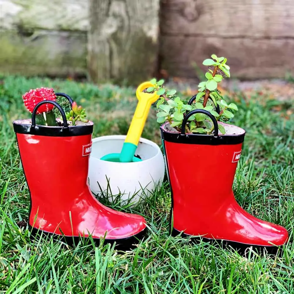 diy rain boot planters - gardening with kids 