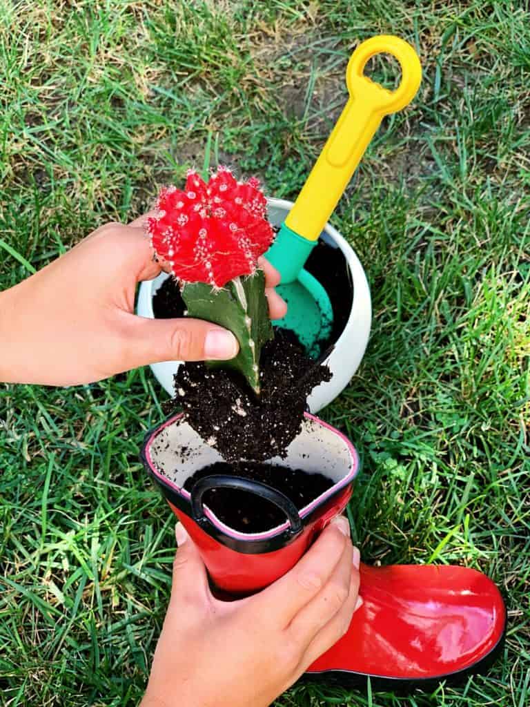 diy rain boot planters - gardening with kids 
