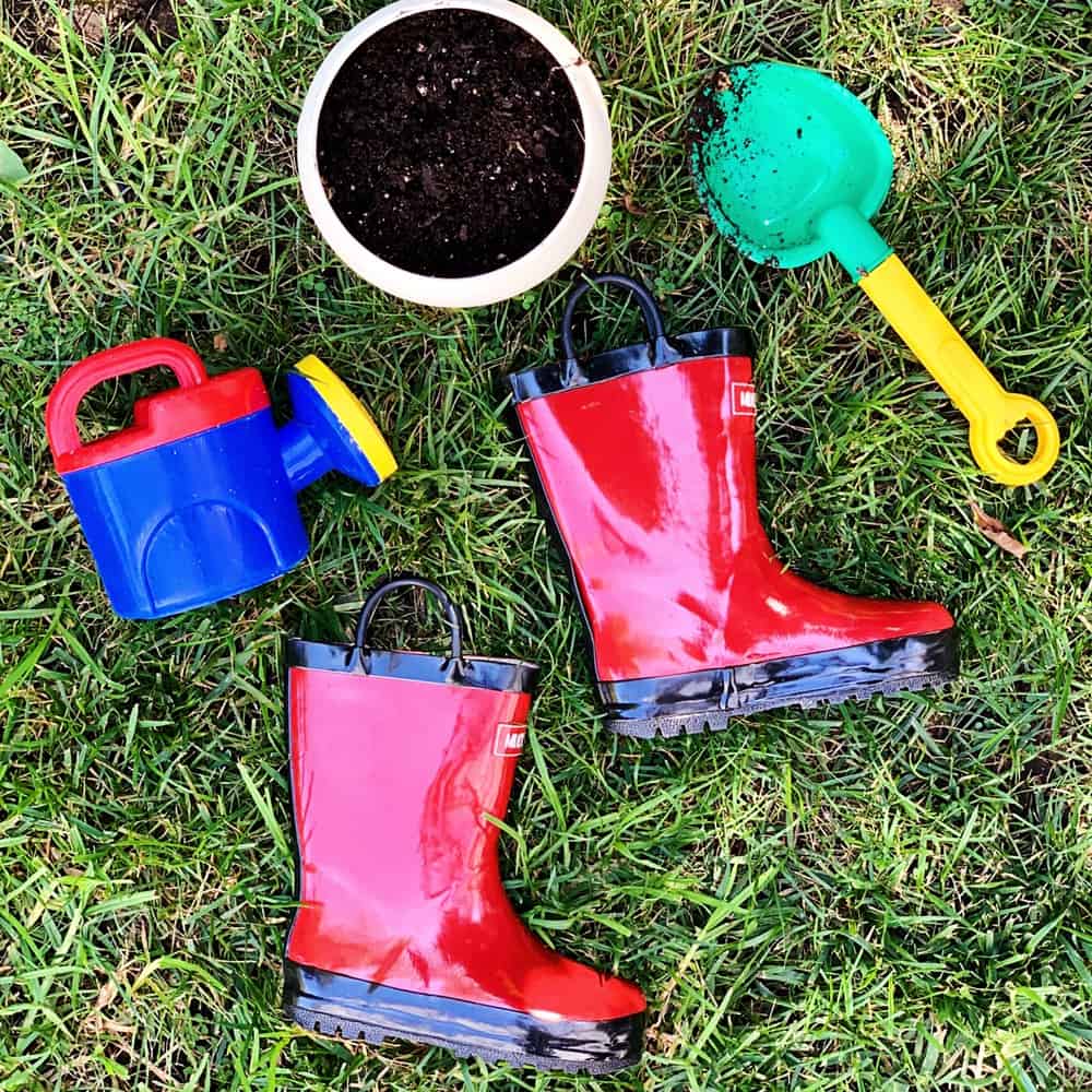 DIY Rain Boot Planters inspired by Bruce's Big Storm Book - planting with kids 