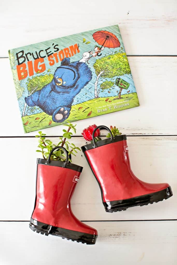 DIY Rain Boot Planters inspired by Bruce's Big Storm Book