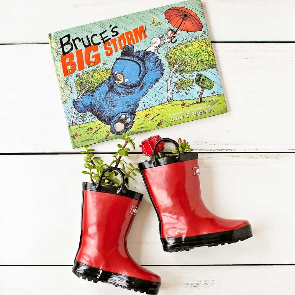 DIY Rain Boot Planters inspired by Bruce's Big Storm Book