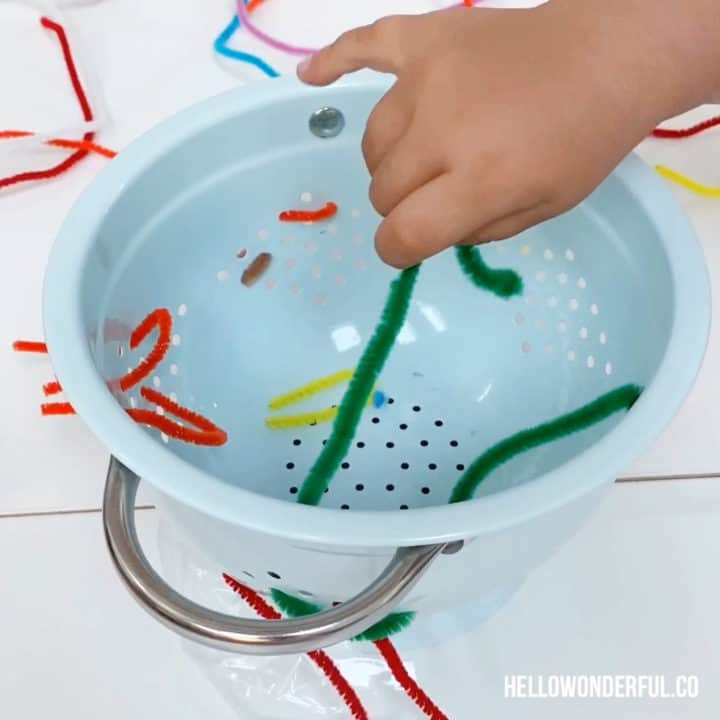 COLANDER PIPE CLEANER FINE MOTOR SKILLS ACTIVITY FOR TODDLERS hello