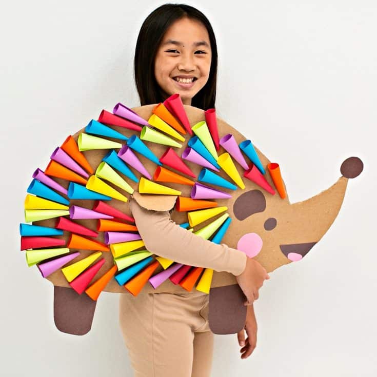 DIY CARDBOARD RAINBOW HEDGEHOG COSTUME FOR KIDS