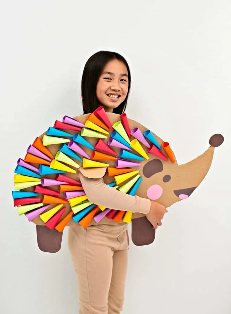 DIY Cardboard Rainbow Hedgehog Costume For Kids