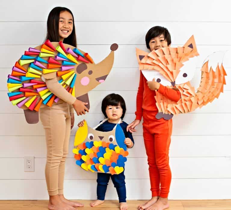 DIY WOODLAND ANIMAL FOX HEDGEHOG AND OWL HALLOWEEN COSTUMES FOR KIDS