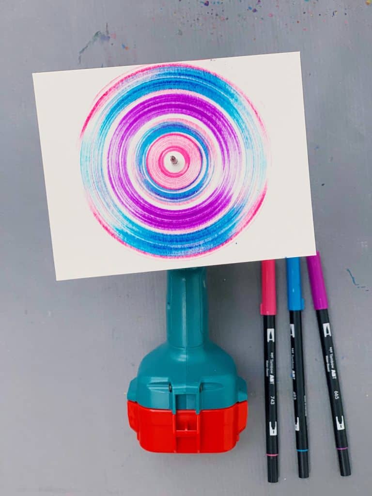 drill spin art with kids - action art