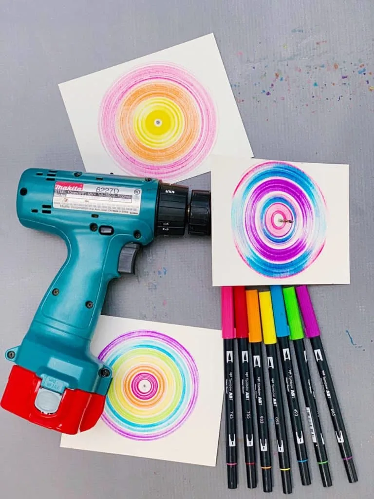 drill spin art with kids - such a neat colorful effect!