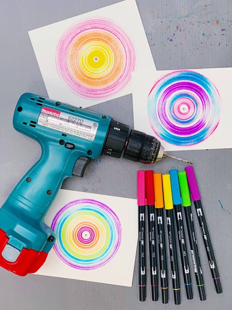 drill spin art with kids - such a neat colorful effect!