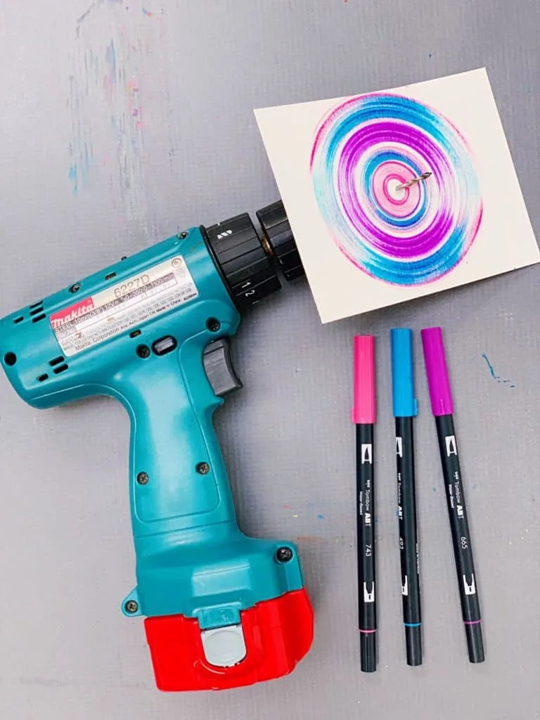 drill spin art with kids - action art 