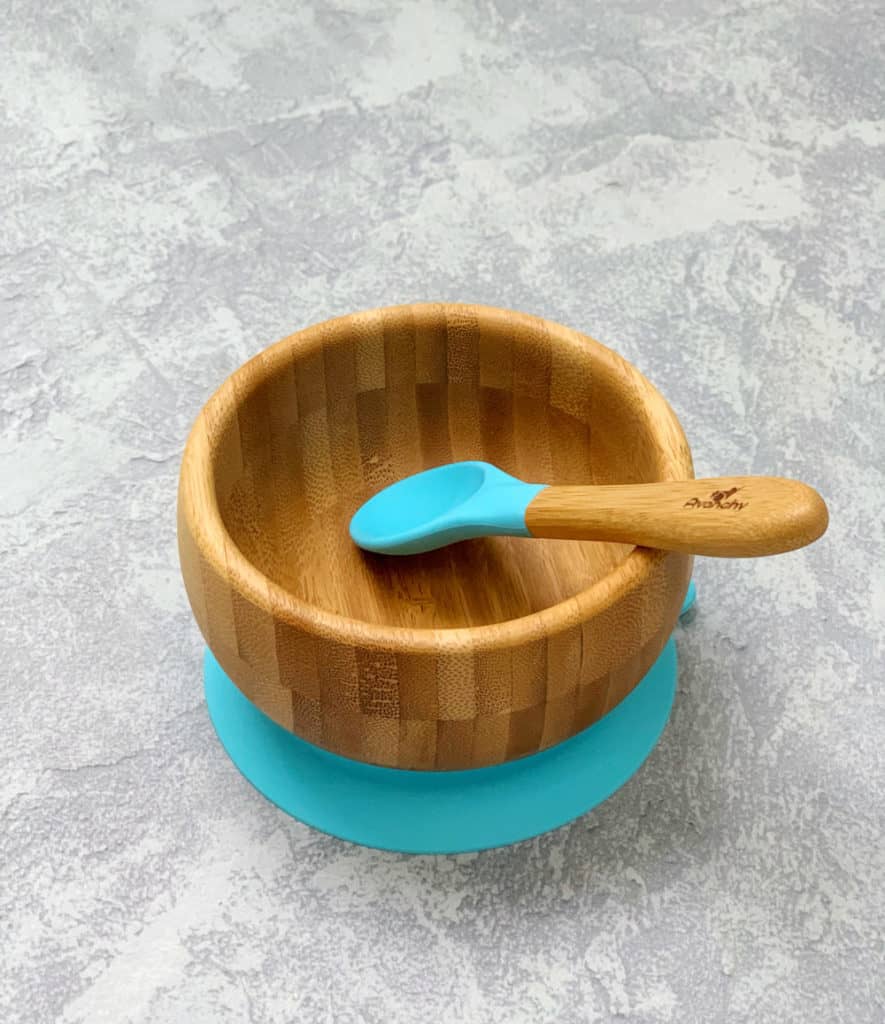 Wooden toddler self-feeding bowl