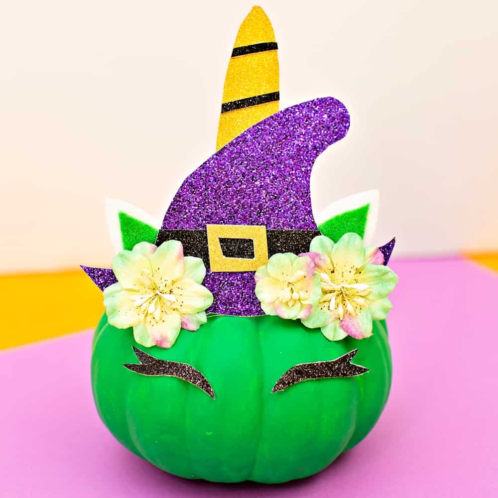 DIY Pumpkin Unicorn Witch - no carve pumpkin decorating idea. Unicorn craft for kids. 