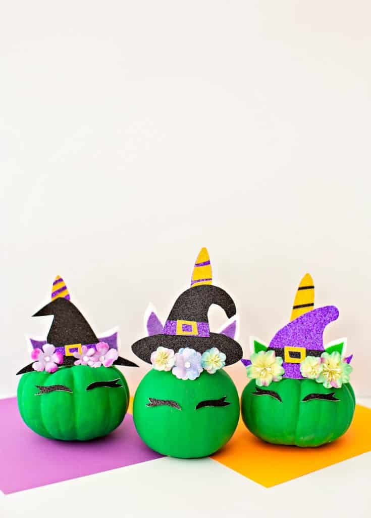 DIY Pumpkin Unicorn Witch - no carve pumpkin decorating idea. Unicorn craft for kids. 