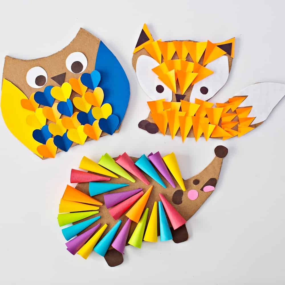 CARDBOARD OWL FOX HEDGEHOG WOODLAND ANIMAL CRAFT for kids