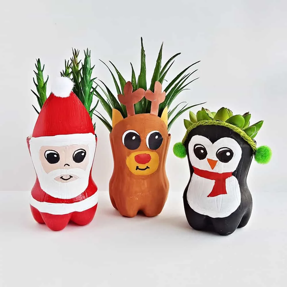 Christmas Recycled Bottle Planters Craft for Kids 