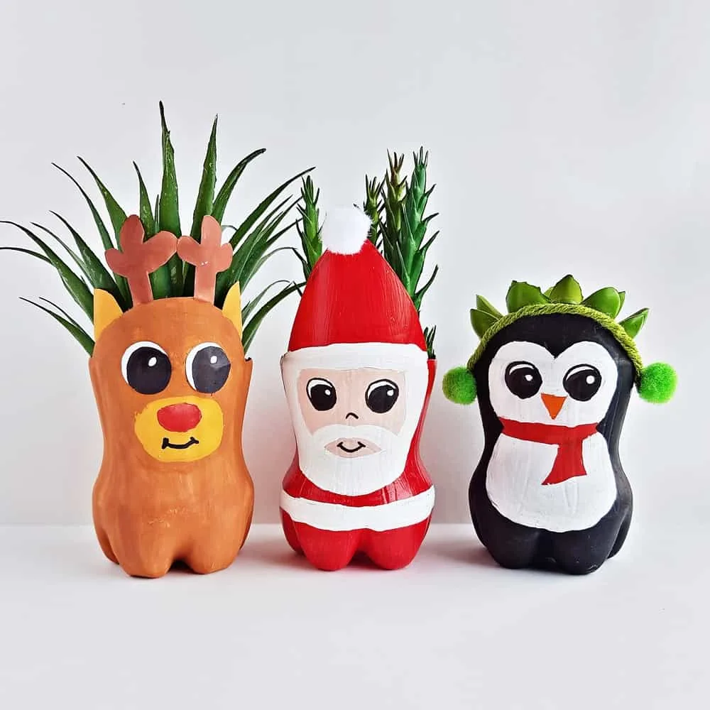 Christmas Recycled Bottle Planters Craft for Kids 