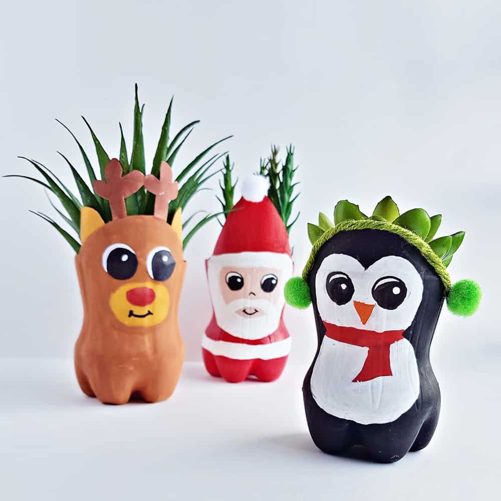 Christmas Recycled Bottle Planters Craft for Kids 