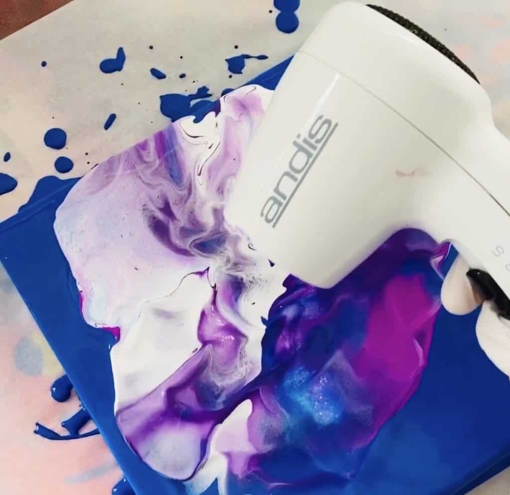 Blow Dryer Pour Painting. Beautiful galaxy themed painting. Process 