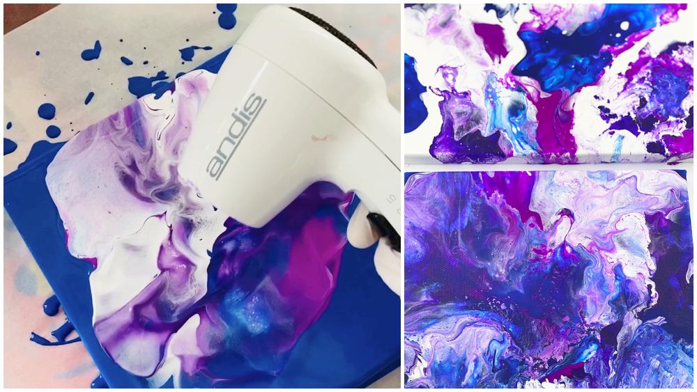 Blow Dryer Pour Painting. Easy flow art painting with kids. 