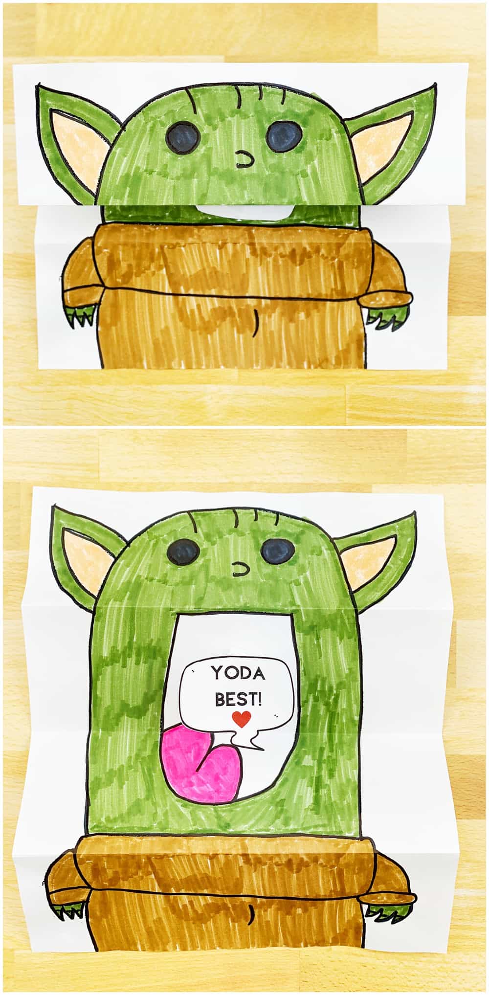 DIY Baby Yoda Paper Card. Valentine Star Wars Card kids can make. 