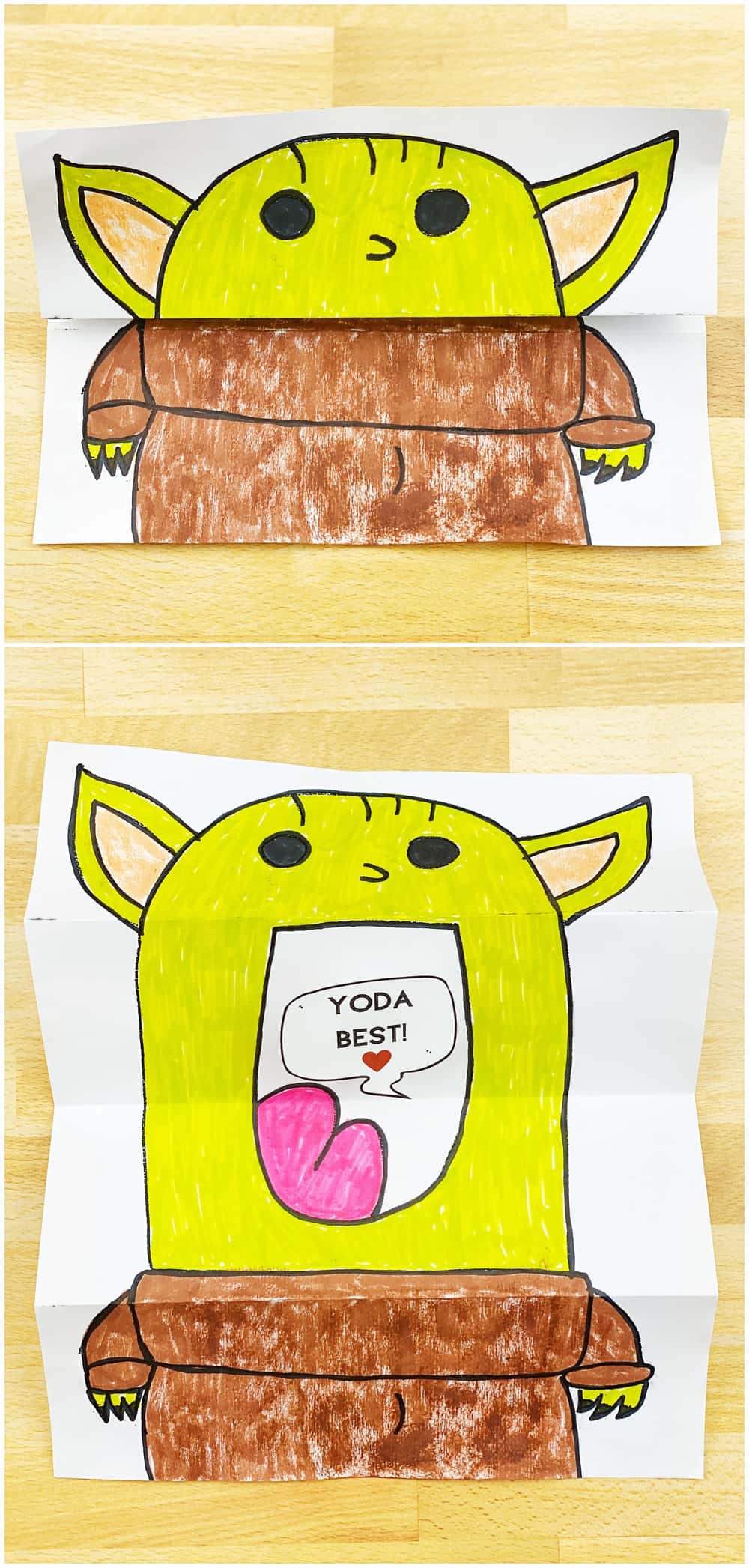DIY Baby Yoda Paper Card. Valentine Star Wars Card kids can make. 